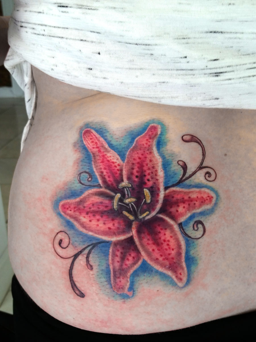 Cool Blue Ink Lily Cover Up Tattoo On Man Left Front Shoulder