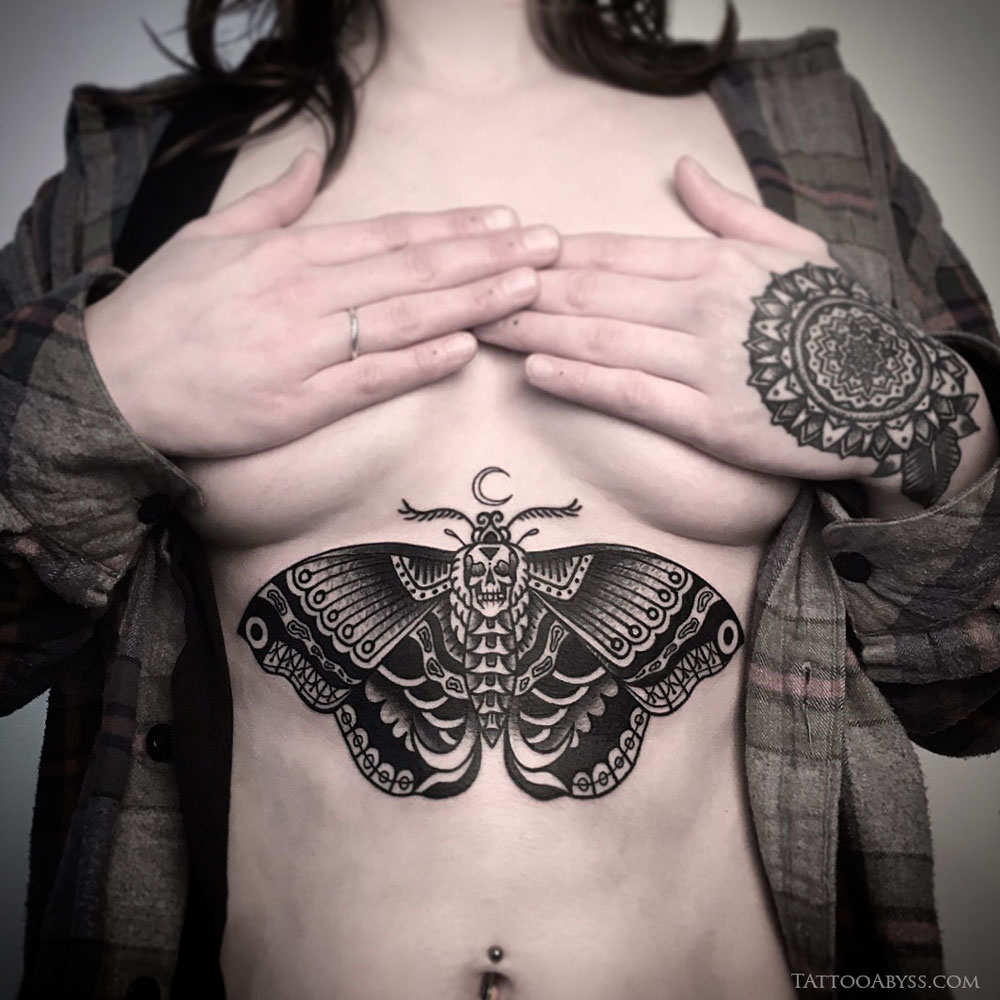 Traditional Moth Sternum Tattoo  Tattoo Abyss Montreal