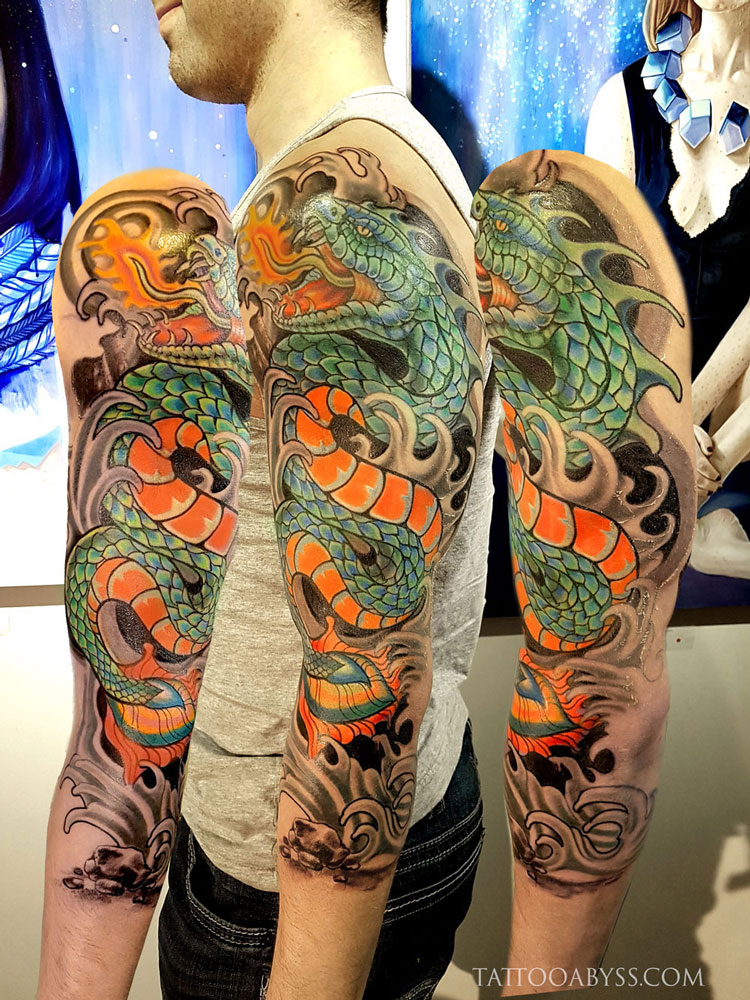 Floral Snake  Dragon sleeve tattoos Snake tattoo design Dragon tattoo  designs