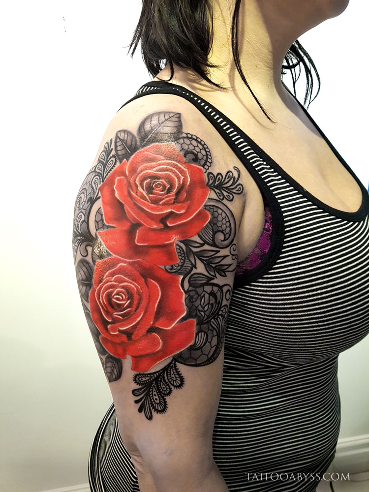 purple rose lace girly arm tattoo reds colchester essex colour sonya trusty   Reds Tattoo