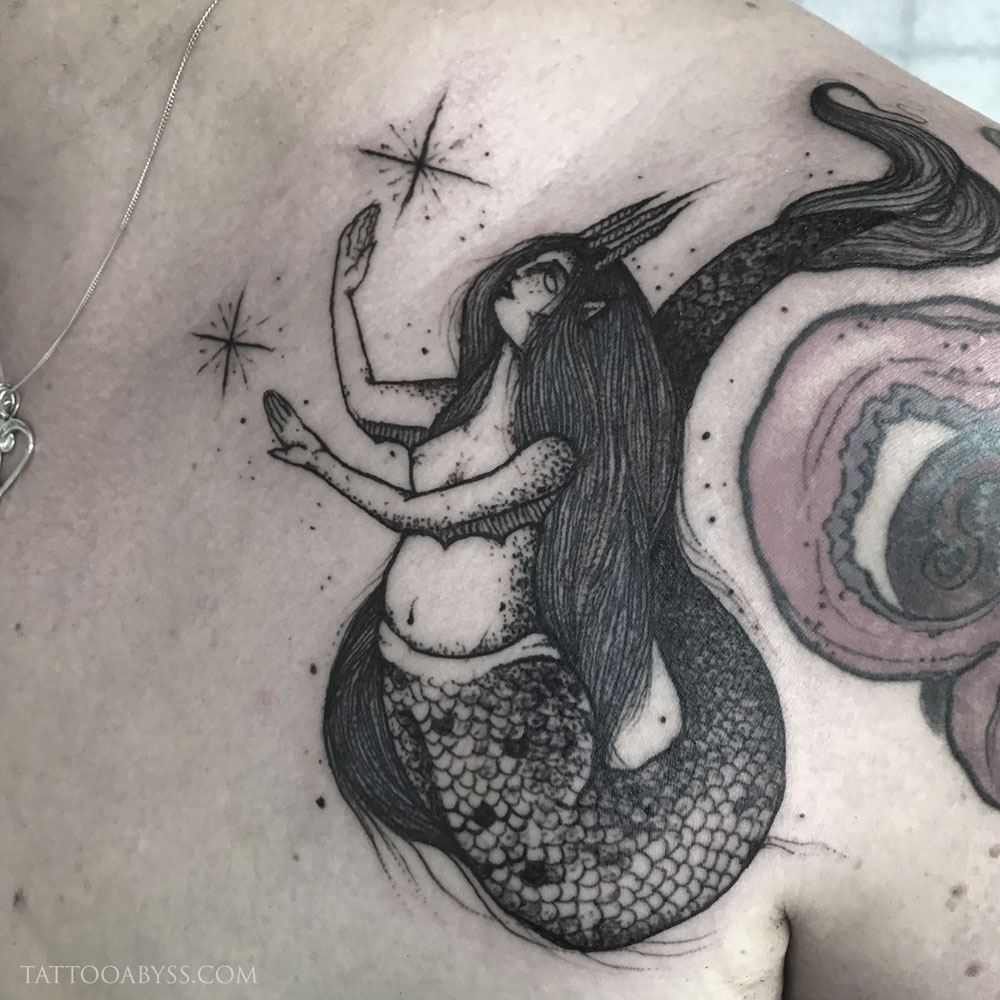 Tattoo tagged with: splatter, thigh, mermaid, moon | inked-app.com
