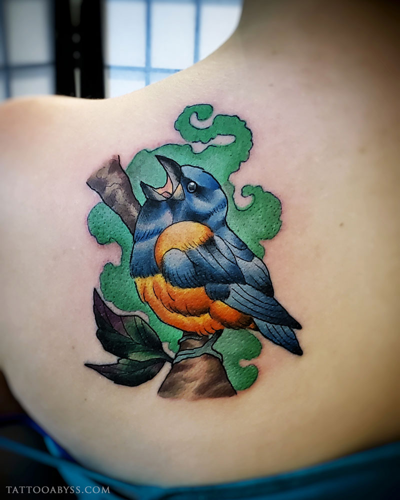 Tattoo tagged with: jayshin, small, animal, chest, tiny, bird, blue jay,  ifttt, little, illustrative | inked-app.com