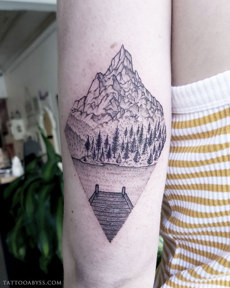 Mountains and lake tattoo on the thigh  Tattoogridnet