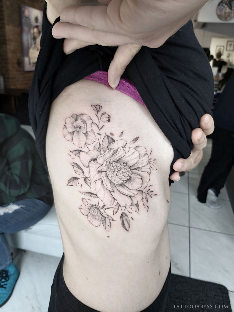 Realistic Peony Flowers Tattoo On Girl Left Hip