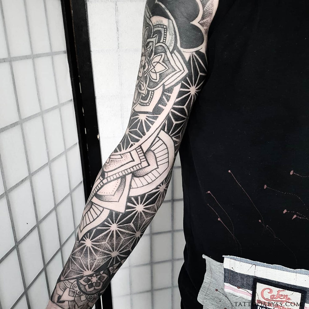 Large scale Blackwork Geometric calf coverup tattoo by Sara Eve TattooNOW