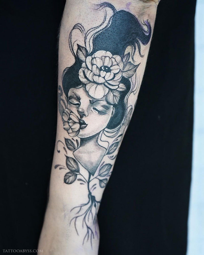 Girl-eating-flowers-tattoo-abyss