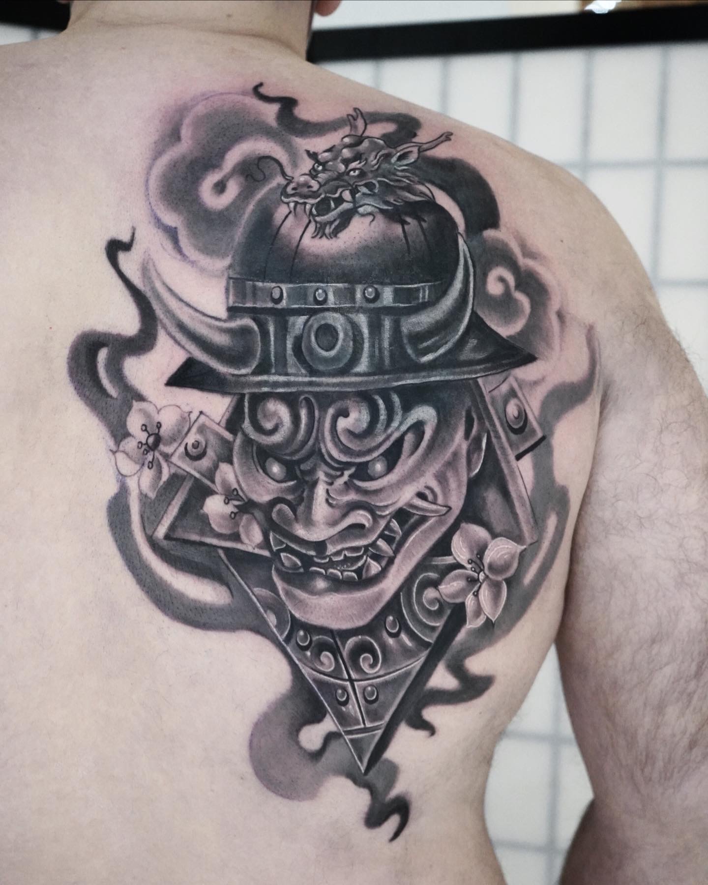 Japanese Inspires Warrior Mask Coverup Tattoo - Tattoo Abyss Montreal