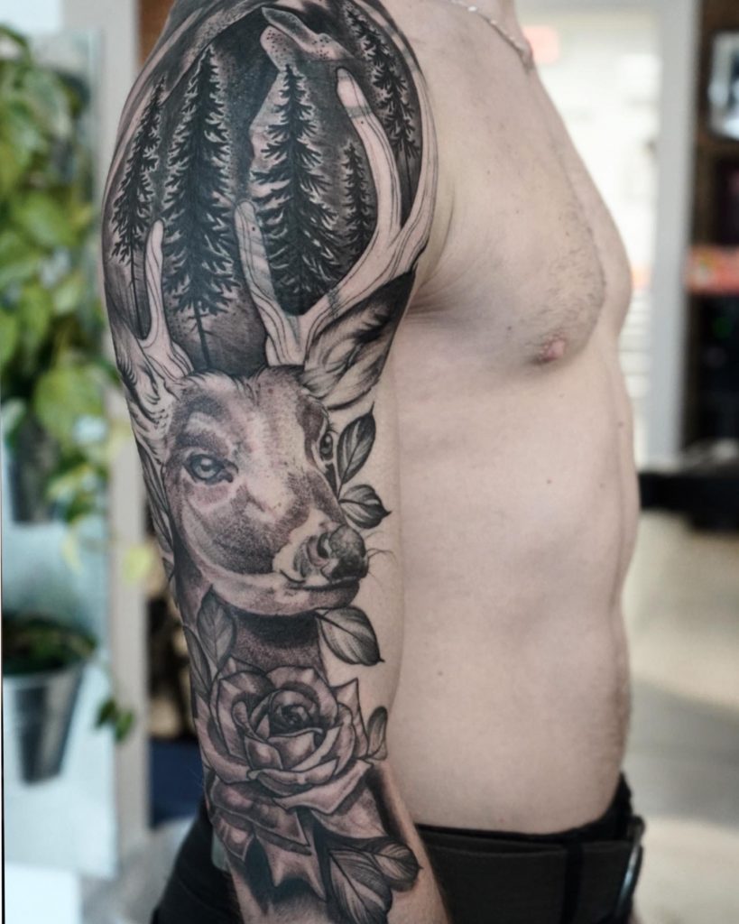 Deer with Forest and Flower Cover Up - Tattoo Abyss Montreal