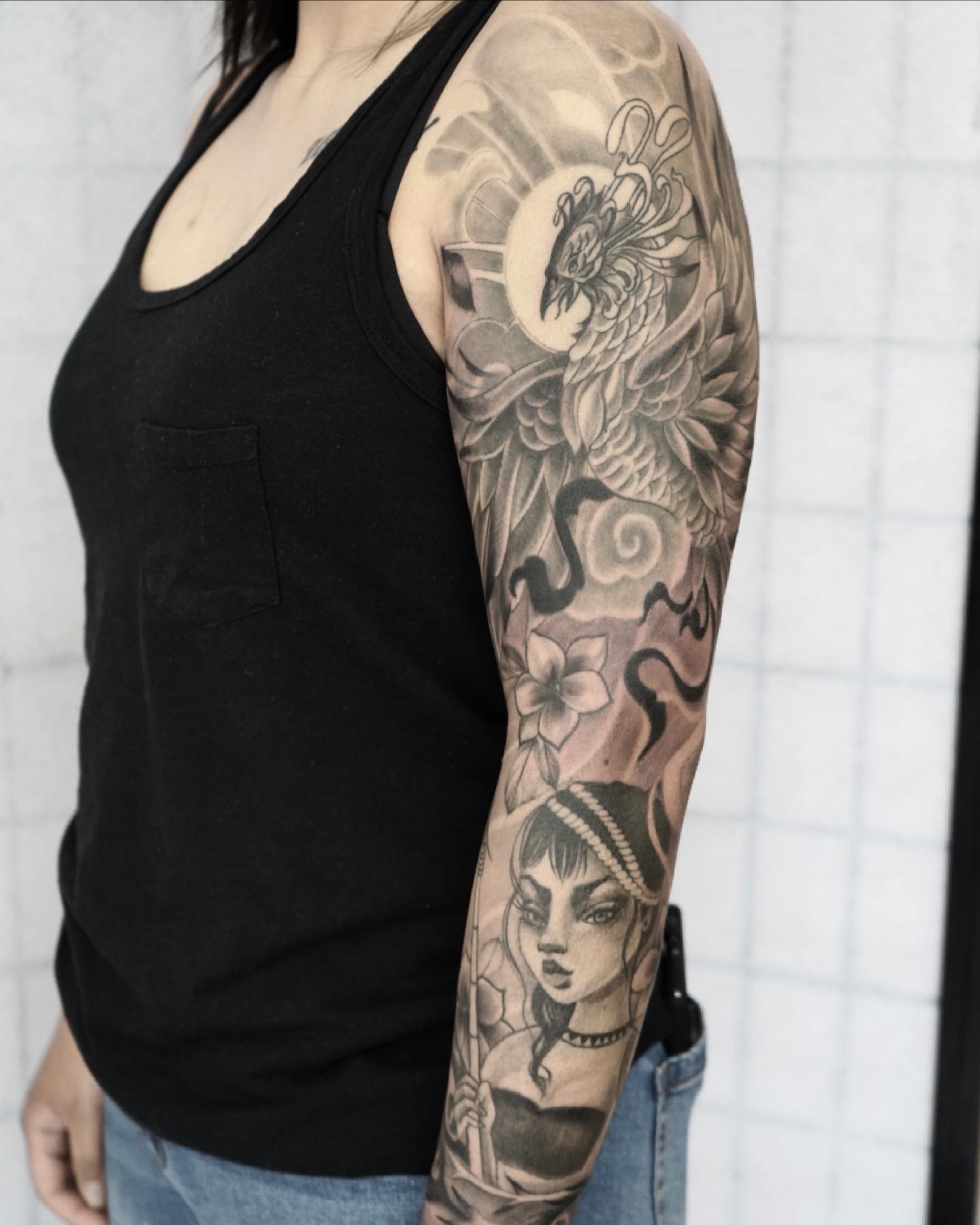 tattoo-sleeve-phoenix-girl-flowers