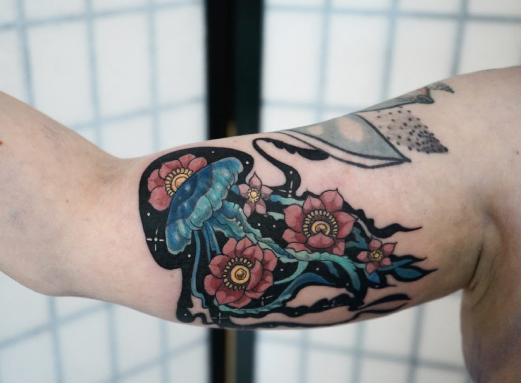 Blue Medusa with Flowers - Tattoo Abyss Montreal