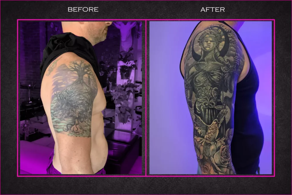 Before and after cover-up sleeve tattoo by Abby at Tattoo Abyss Montreal featuring detailed Lady Justice realism design