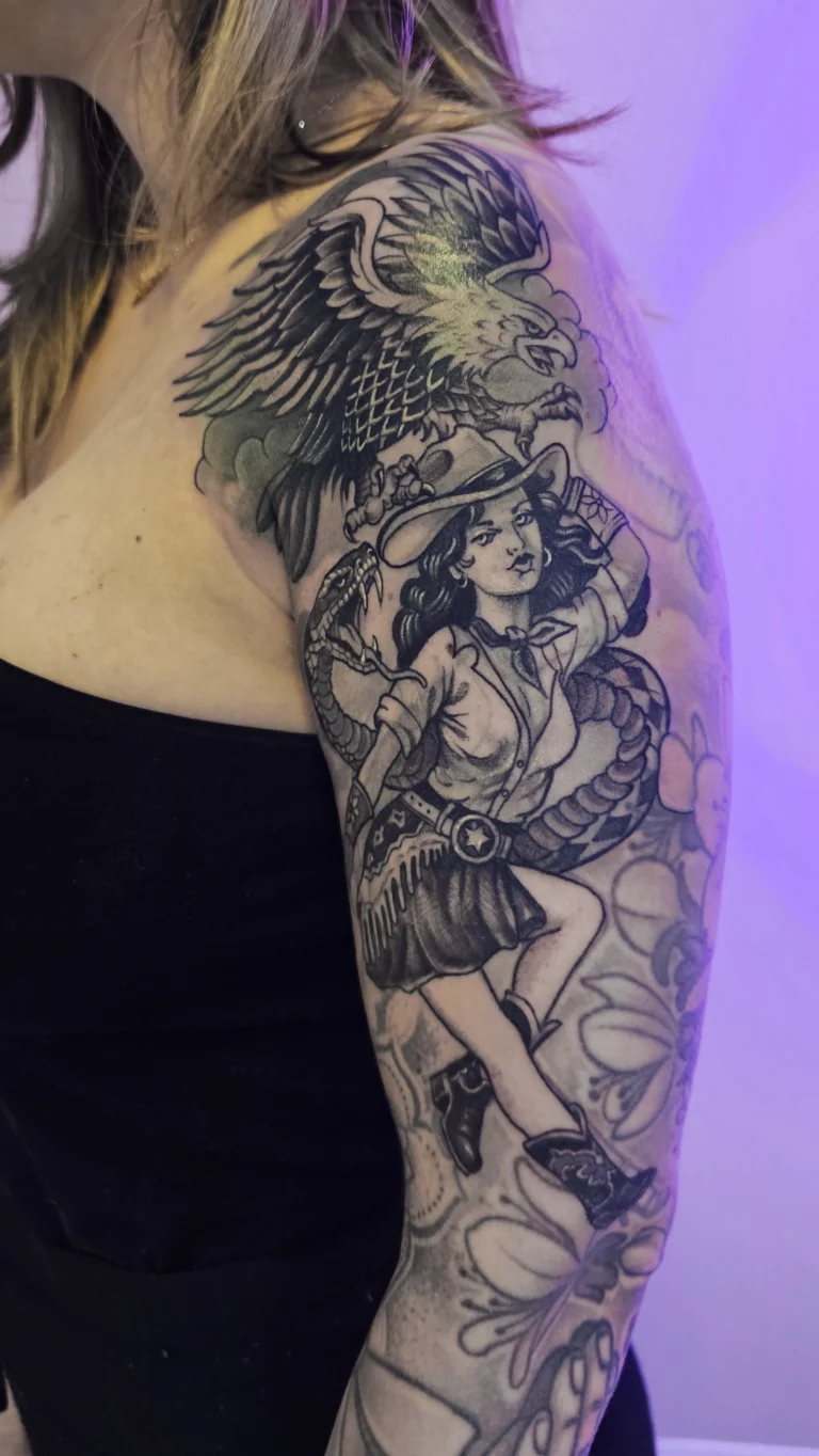 Reworked cowgirl and eagle tattoo by Abby in Montreal